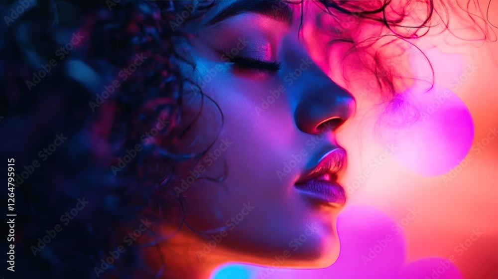 Woman, neon lights, profile, studio, bokeh, beauty Woman, neon lights, profile, studio, bokeh, beauty