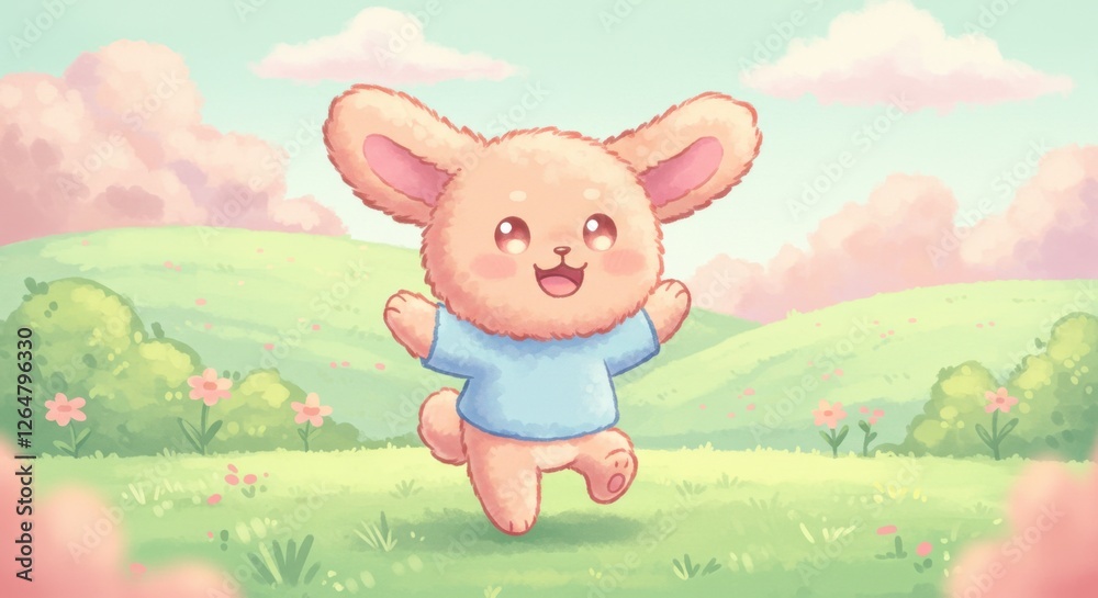 Fototapeta premium Joyful Cartoon Bunny Character Playing in a Whimsical Pastel Landscape