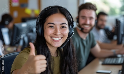 Smiling agent thumbs-up, call center, teamwork, office