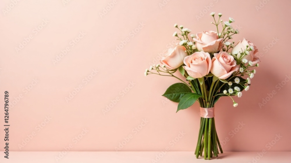 Fototapeta premium A delicate blush pink rose bouquet tied with a ribbon, nestled against a soft pink background, perfect for romantic celebrations or heartfelt expressions of affection.