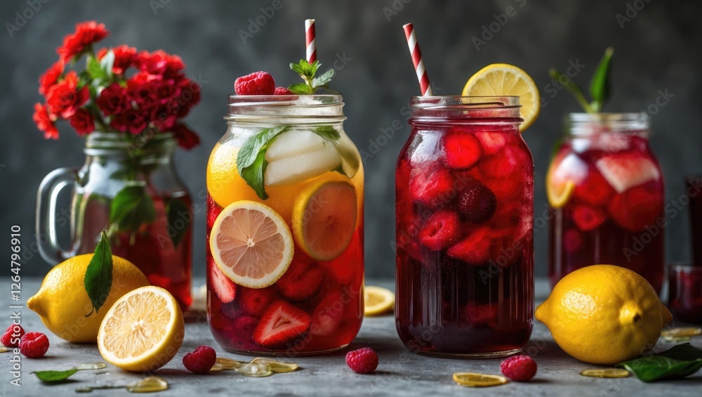Fresh fruit beverages in jar with strawberries, lemons, and mint leaves on table with colorful flowers in background and copy space Fresh fruit beverages in jar with strawberries, lemons, and mint leaves on table with colorful flowers in background and copy space