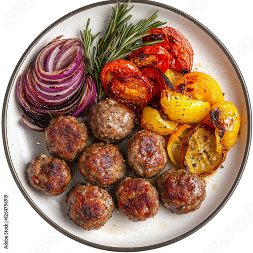Delicious meatballs served with roasted vegetables, including tomatoes, bell peppers, and red onions, garnished with fresh rosemary for flavorful meal