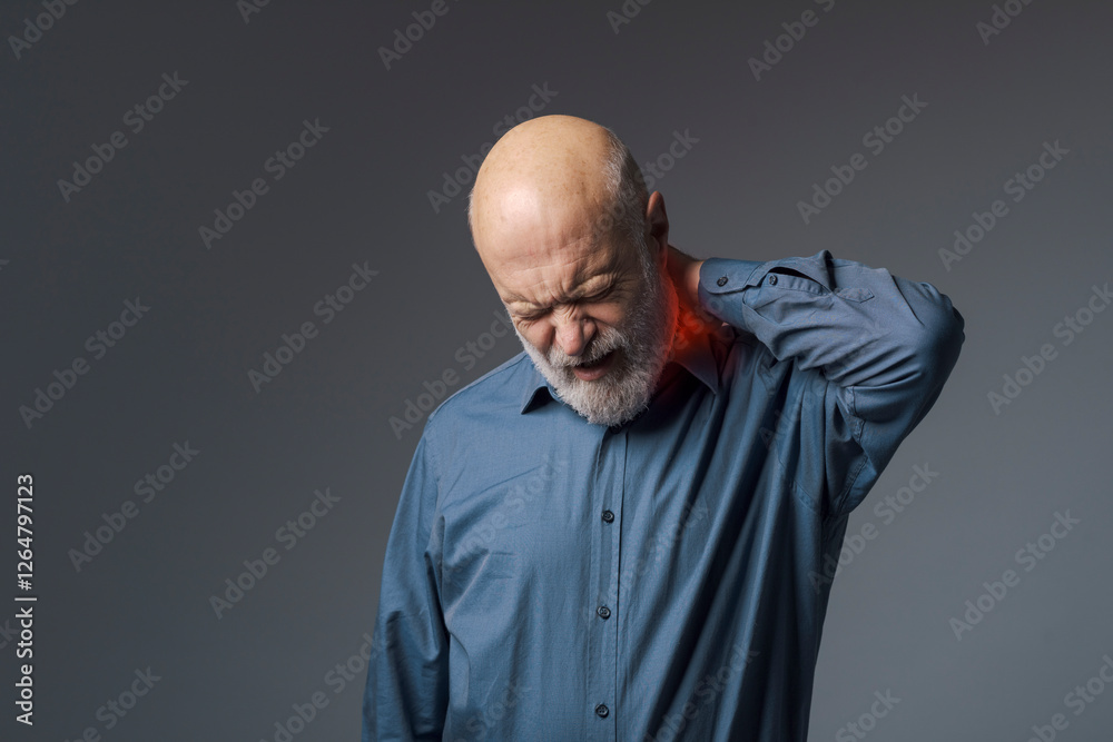 Fototapeta premium Mature man experiencing a severe neck pain