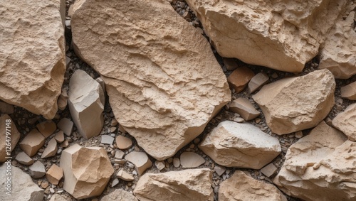 Textured natural stones and rocks in various shapes and sizes on the ground background with neutral tones and Copy Space. photo