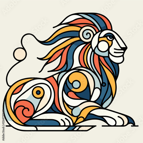 Abstract Lion in Vibrant Colors:  A majestic lion is depicted in a contemporary, abstract style, its mane a swirling tapestry of vibrant colors.