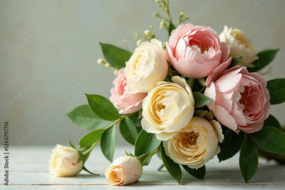 Delicate pastel roses arranged in a charming bouquet, showcasing soft petals and lush greenery, resting on a pale wooden surface Delicate pastel roses arranged in a charming bouquet, showcasing soft petals and lush greenery, resting on a pale wooden surface