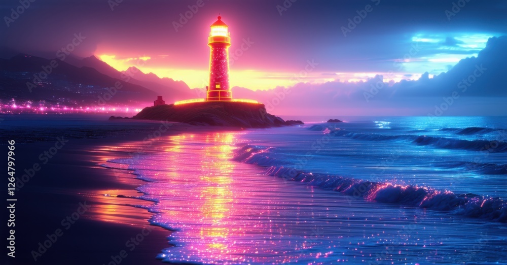 Neon lighthouse glows on a rocky shore, casting vibrant pink and blue reflections onto the ocean waves under a twilight sky, creating a mesmerizing coastal night scene Neon lighthouse glows on a rocky shore, casting vibrant pink and blue reflections onto the ocean waves under a twilight sky, creating a mesmerizing coastal night scene