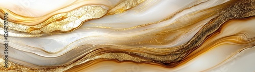 A smooth, elegant abstract design featuring flowing lines in white, beige, and gold tones, evoking a sense of luxury and sophistication.