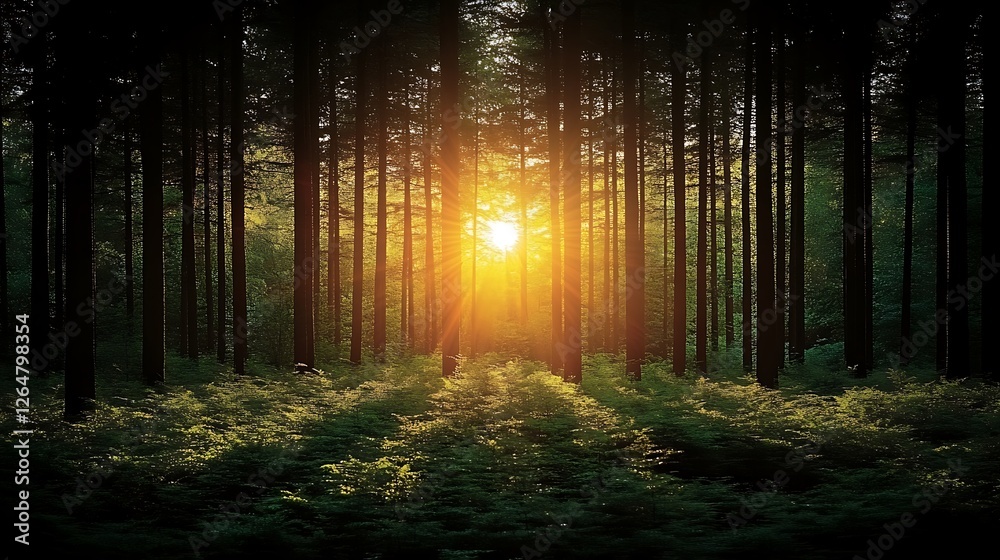 Naklejka premium Sunlight filtering through tall trees in a forest.