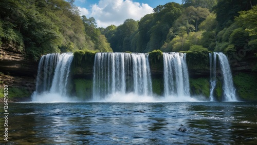 Waterfall cascading over rocks surrounded by lush greenery and blue sky with clouds reflecting in tranquil water Copy Space