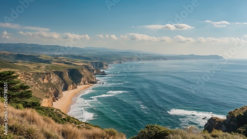 Coastal landscape with waves crashing on sandy beach under blue sky and scattered clouds, panoramic view with greenery in foreground, Copy Space photo