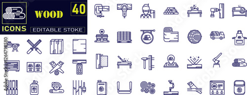 Wood line editable icon set. Joinery tools and materials vector icons wth editable stroke.