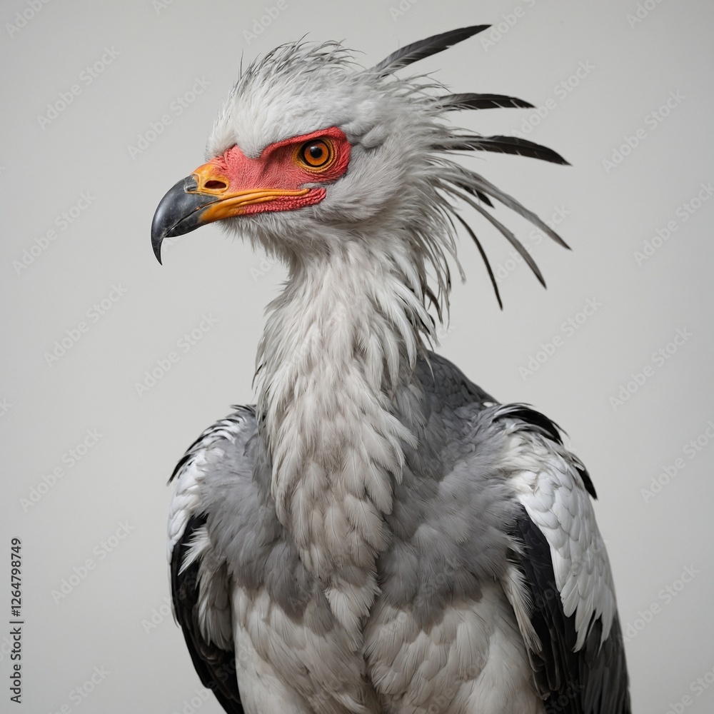 A secretary bird standing tall, sharp eyes and long legs, pure white background. A secretary bird standing tall, sharp eyes and long legs, pure white background.