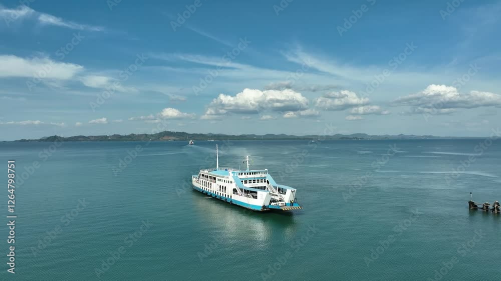 Large Passenger and Vehicle Ferry Navigating Open Sea on a Clear Day Large Passenger and Vehicle Ferry Navigating Open Sea on a Clear Day