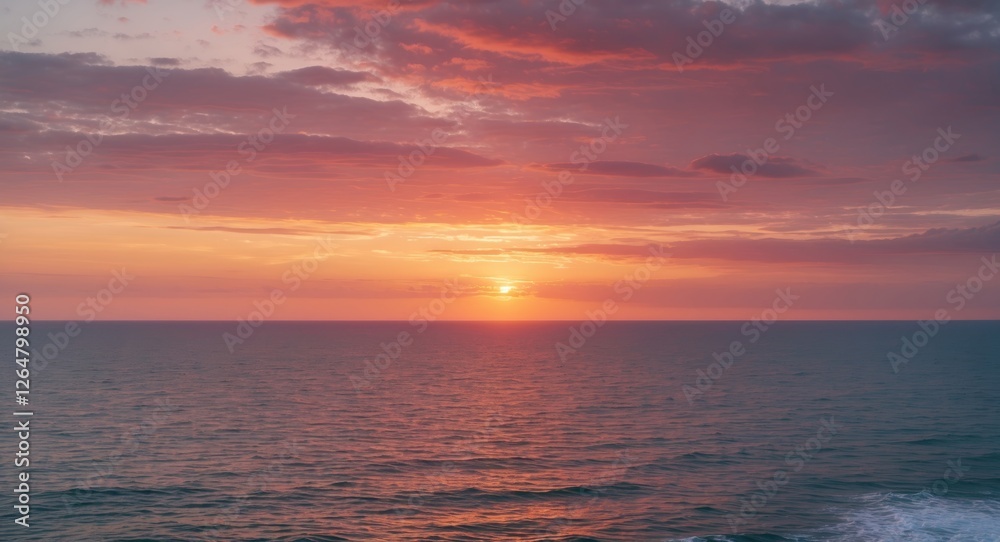 Fototapeta premium Sunset over calm ocean waters with vibrant clouds reflecting pink and orange hues in the sky during twilight Copy Space