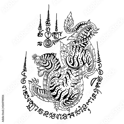 "Yant Suea" or "Thai tiger". Thai translation text:  leadership, protection, power over others, and kindness.