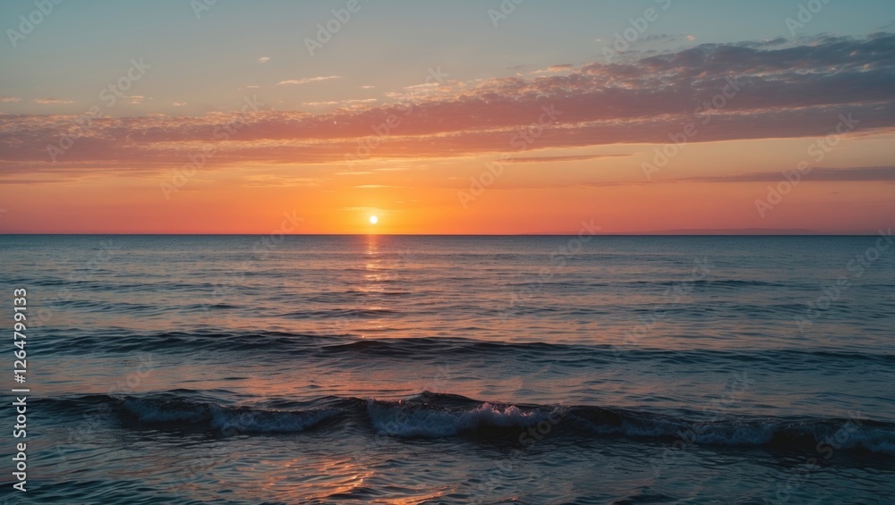 Obraz premium Tranquil sunset over calm ocean waves with colorful sky and cloud formations reflecting golden and orange hues on water Copy Space