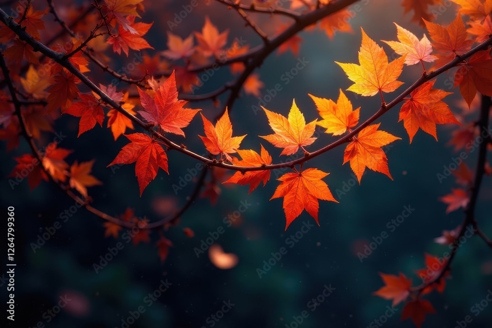 Autumnal Branch with Vibrant Red and Orange Leaves Illuminated by Warm Sunlight Autumnal Branch with Vibrant Red and Orange Leaves Illuminated by Warm Sunlight