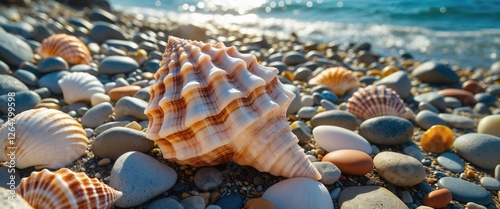 Colorful seashells scattered on pebbly beach with ocean waves in background natural coastal scenery with copy space photo