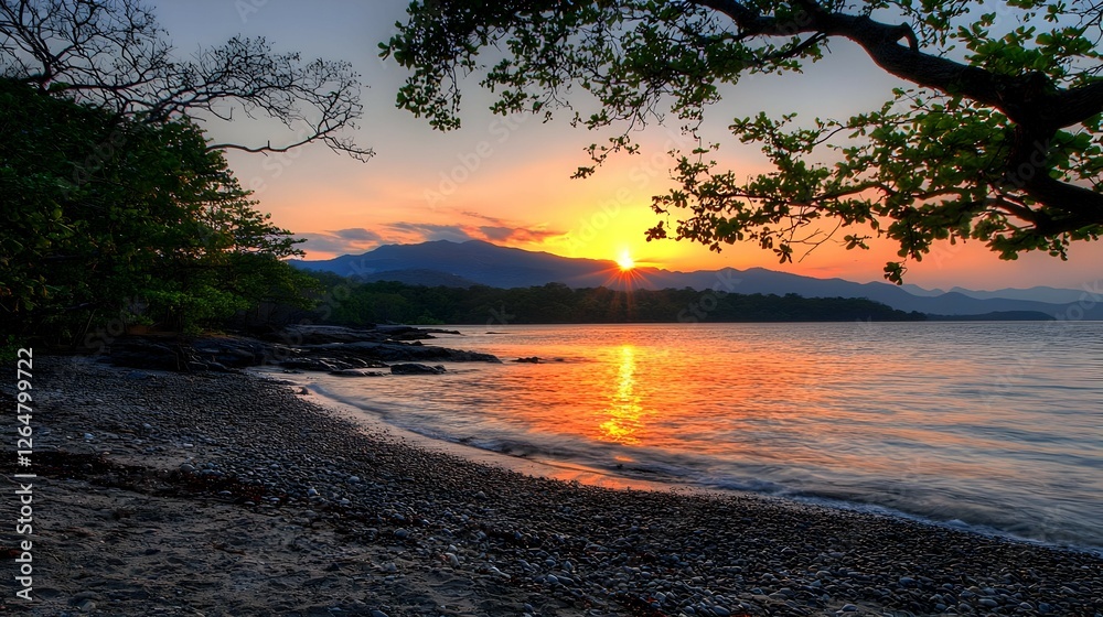 Golden Sunset Over Tropical Beach With Pebbles And Silhouette Of Tree Golden Sunset Over Tropical Beach With Pebbles And Silhouette Of Tree