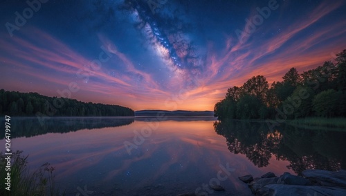 Stunning twilight landscape with colorful clouds reflecting on calm lake water and starry sky in the background Copy Space photo