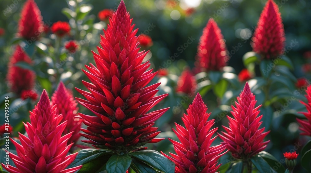 Vibrant red tropical flowers in a lush green garden setting with blurred background and ample copy space for text. Vibrant red tropical flowers in a lush green garden setting with blurred background and ample copy space for text.