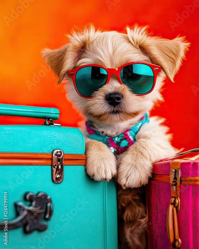 Travel dog Cute puppy with sunglasses by travel bags. vacation tourism