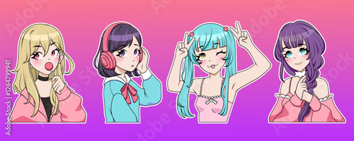 Anime character. Face female. Japanese manga. Kawaii cartoon girl. Pink comic style drawing. Cute portrait with fun eyes. Colorful art. Asian animation. Young woman smile. Vector fashion design set