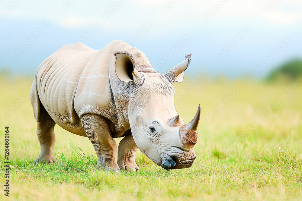 Obraz premium Grazing rhinoceros on open grassland under a bright sky, symbolizing strength, resilience, and the beauty of wildlife. 