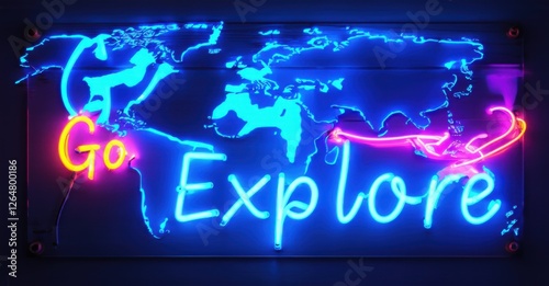 Neon sign with a glowing world map in blue and travel-themed text Go Explore in vibrant pink and cyan, mounted on a dark wall, symbolizing adventure and global exploration