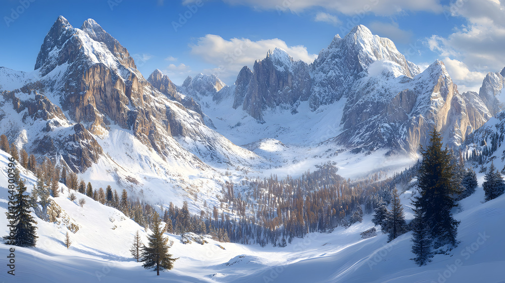 A panoramic view of the Dolomites in winter
A panoramic view of the Dolomites in winter