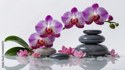 Orchid flowers with pebbles and leaves arranged for zen decoration reflection on water surface with copy space for text