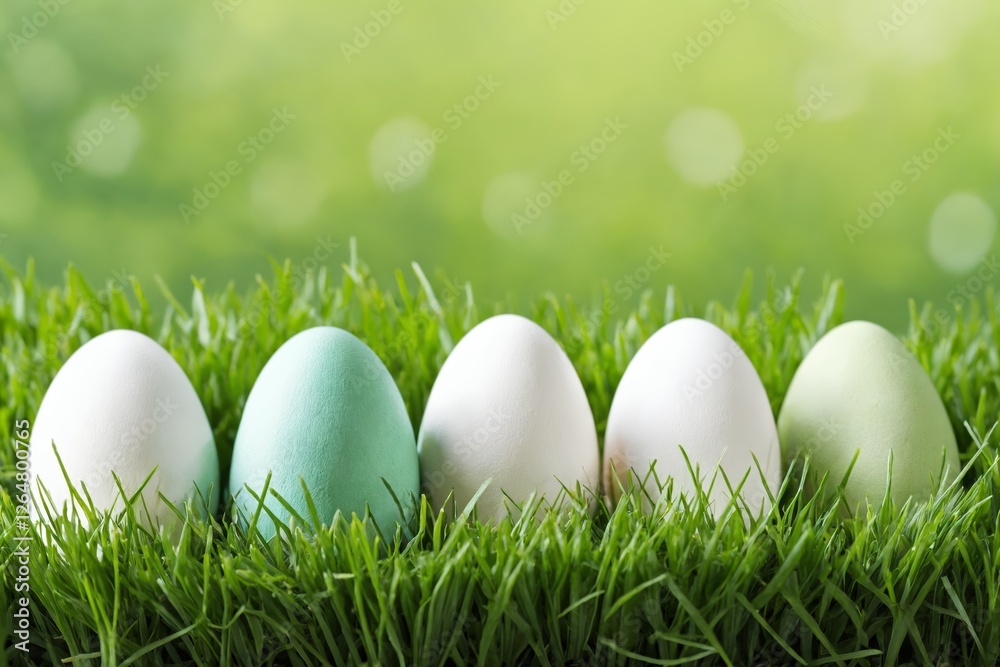 Fototapeta premium Close-up of white and green Easter eggs in grass