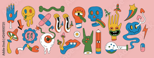 Psychedelic mushroom. Crazy smile. Trippy hand. Comic eyes. Rainbow face. Trendy fashion design. Neon skull head. Surreal cartoon wave. Hallucinogenic fungus. Groovy art. Vector bright stickers set