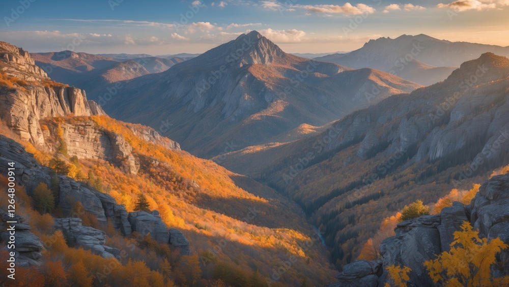Fototapeta premium Autumn landscape with colorful trees and mountains under a blue sky in the foreground natural scenery with Copy Space