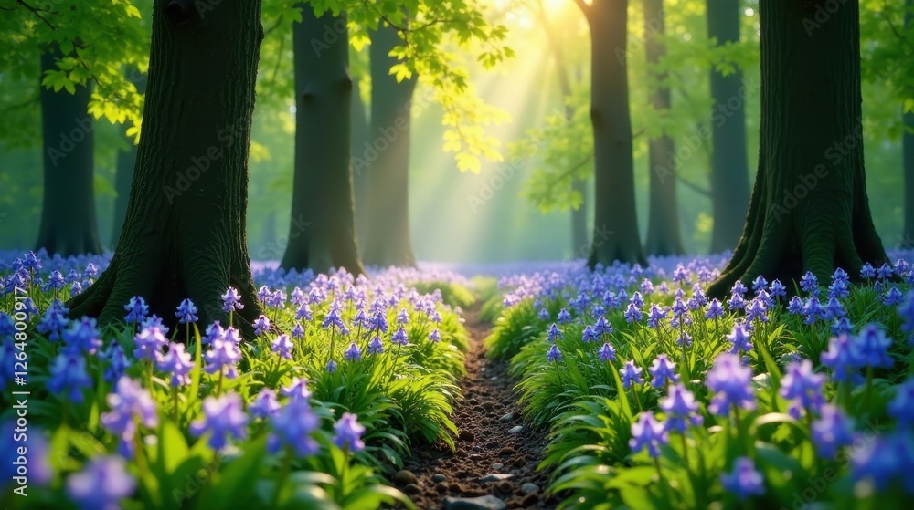 Naklejka premium Sunlit Woodland Path Adorned with a Carpet of Delicate Purple Blossoms, Creating a Serene and Magical Atmosphere