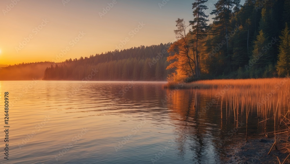 Fototapeta premium Autumn landscape reflection on tranquil lake at sunrise with trees and golden grass Copy Space