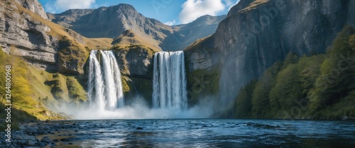 Majestic waterfall cascading down rocky cliffs surrounded by lush greenery and dramatic mountain scenery with blue sky and clouds Copy Space photo