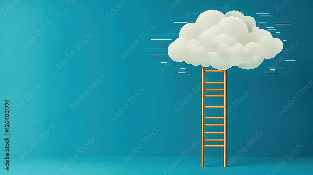 Bright Orange Ladder Reaching Soft White Cloud Against Turquoise Background Bright Orange Ladder Reaching Soft White Cloud Against Turquoise Background