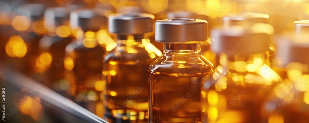 Golden light illuminating glass vials on a production line Golden light illuminating glass vials on a production line