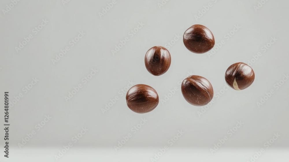 Obraz premium Fresh Chestnuts Falling on Light Background for Culinary Use