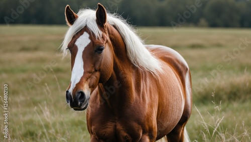 Brown horse with white mane standing in a green pasture, natural setting, Copy Space