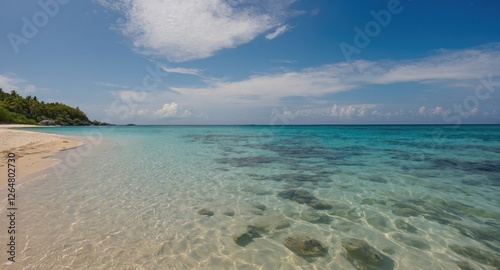 Tranquil tropical beach with clear turquoise waters and gentle waves under a blue sky with scattered clouds and lush green vegetation in the background Copy Space photo