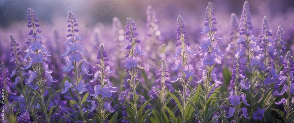 Fototapeta premium Vibrant field of purple flowers with lush green foliage under soft natural light suitable for backgrounds and design projects Copy Space