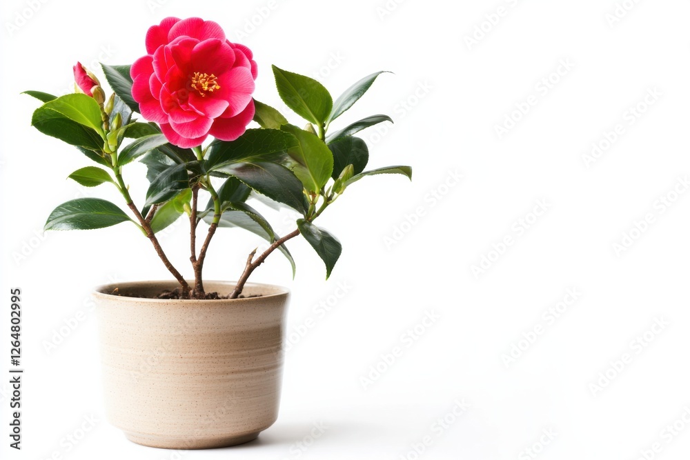 Fototapeta premium Beautiful camellia plant in a trendy pot enhancing modern interior decor