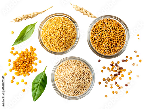 Overhead view of three glass bowls filled with different types of mustard seeds against a transparent background, accompanied by wheat stalks and green leaves