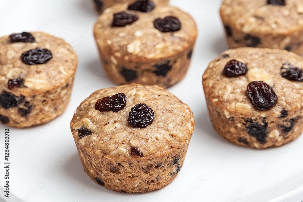 Healthy oatmeal muffins topped with juicy raisins Healthy oatmeal muffins topped with juicy raisins
