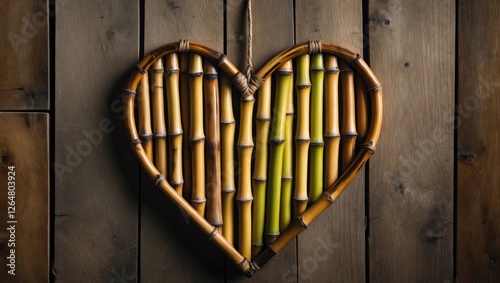 Bamboo heart-shaped decoration on wooden background with rope detailing and textured surface, Copy Space available photo