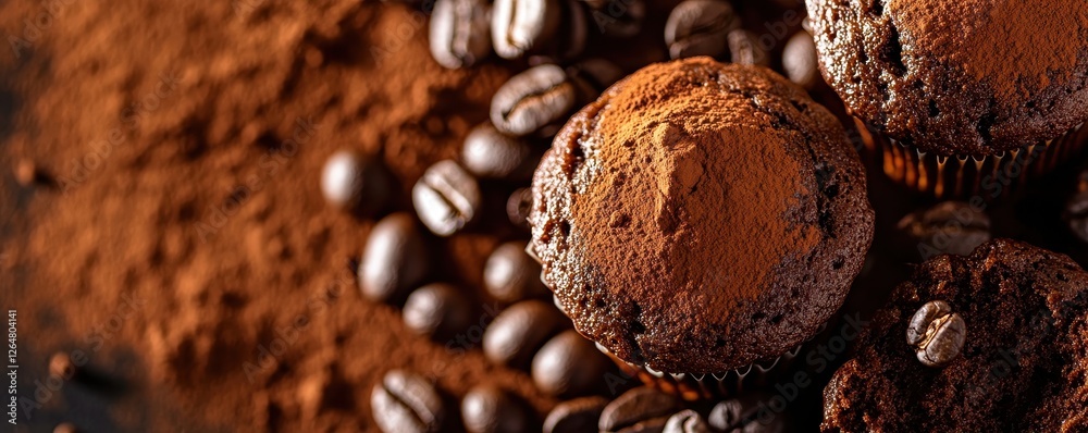 Rich chocolate muffins dusted with cocoa powder surrounded by coffee beans Rich chocolate muffins dusted with cocoa powder surrounded by coffee beans