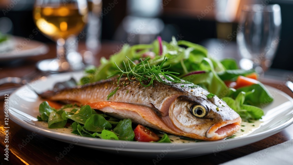 Grilled whole fish served on a plate with fresh salad greens and colorful vegetables in a restaurant setting with blurred background. Copy Space Grilled whole fish served on a plate with fresh salad greens and colorful vegetables in a restaurant setting with blurred background. Copy Space